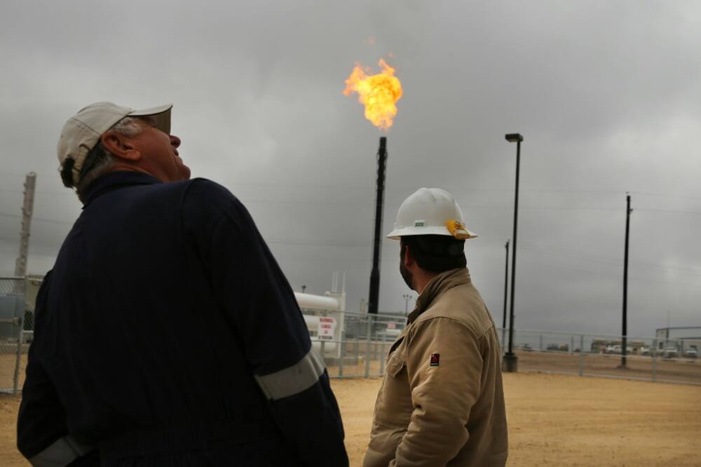 Flared natural gas is burned off at Apache Corporations operations at the Deadwood natural gas plant in the Permian Basin in 2015