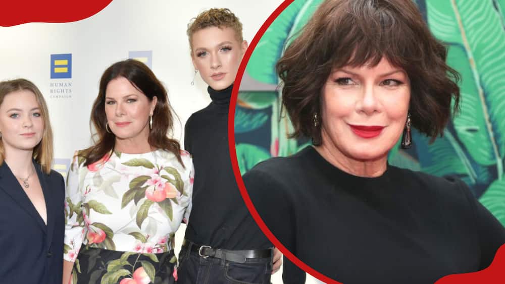 A collage of Eulala Grace Scheel, Marcia Gay Harden, and Hudson Harden Scheel at The Human Rights Campaign and Marcia Gay Harden at the 76th Annual Tony Awards