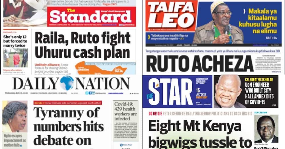 Kenyan newspapers review for July 15: Ruto, Raila unite to fight Uhuru's revenue allocation plan