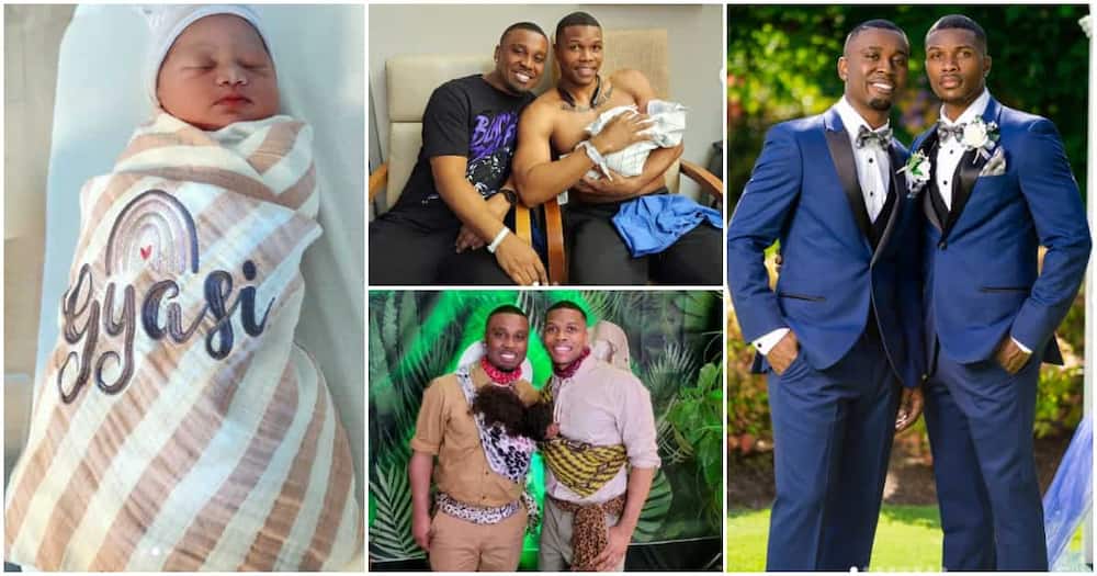 Photos of gay couple and their child.