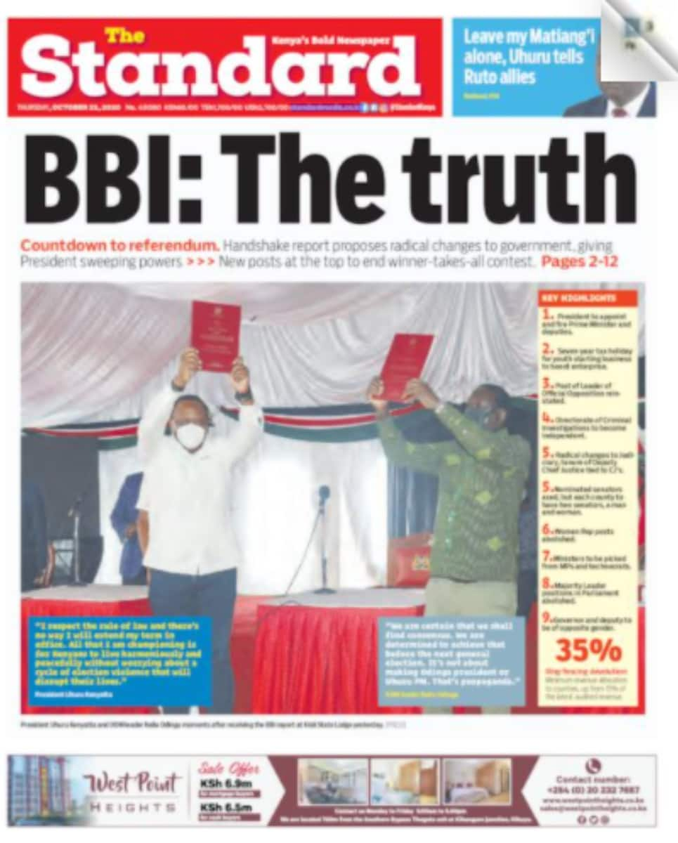 Kenyan newspapers review for Oct 22: Gains and pains of final BBI report