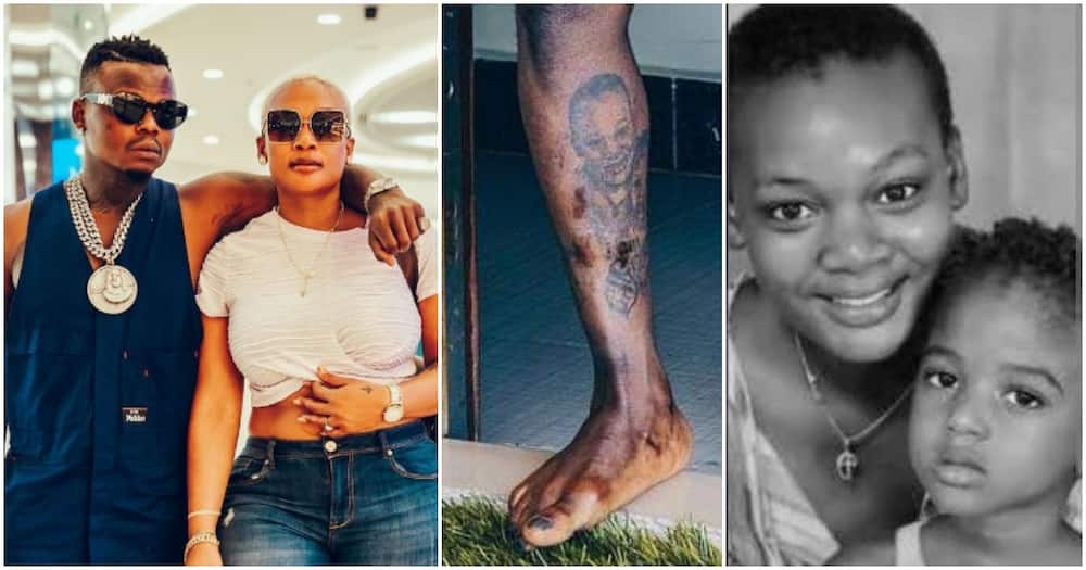 Harmonize declined to say if he will remove his ex Frida Kajala and her daughter's faces on his leg tattoo. Photo: Harmonize.