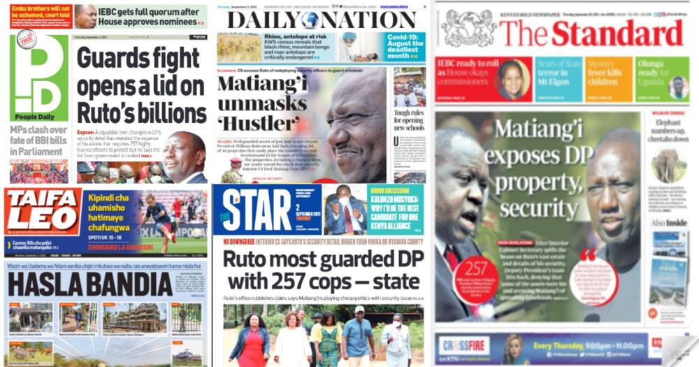 Kenyan newspapers. Photo: Screengrabs from The Standard, Daily Nation, The Star, People Daily and Taifa Leo.