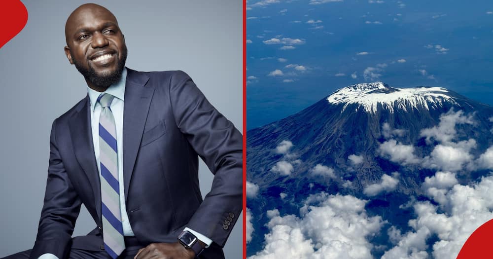 Larry Madowo (left) showcases the clear skies as he travels to Kenya (right).