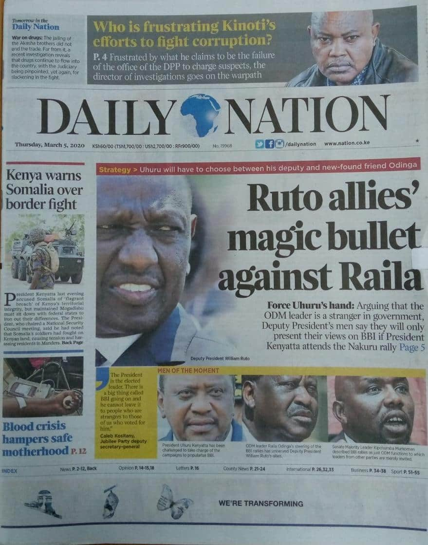 Kenyan newspapers review for March 5: Ruto allies want President Uhuru to attend Nakuru BBI rally, vow not to submit views to Raila