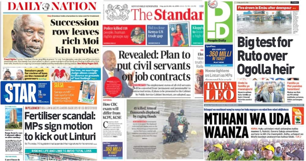 Top Kenyan newspaper headlines on Friday, April 26.