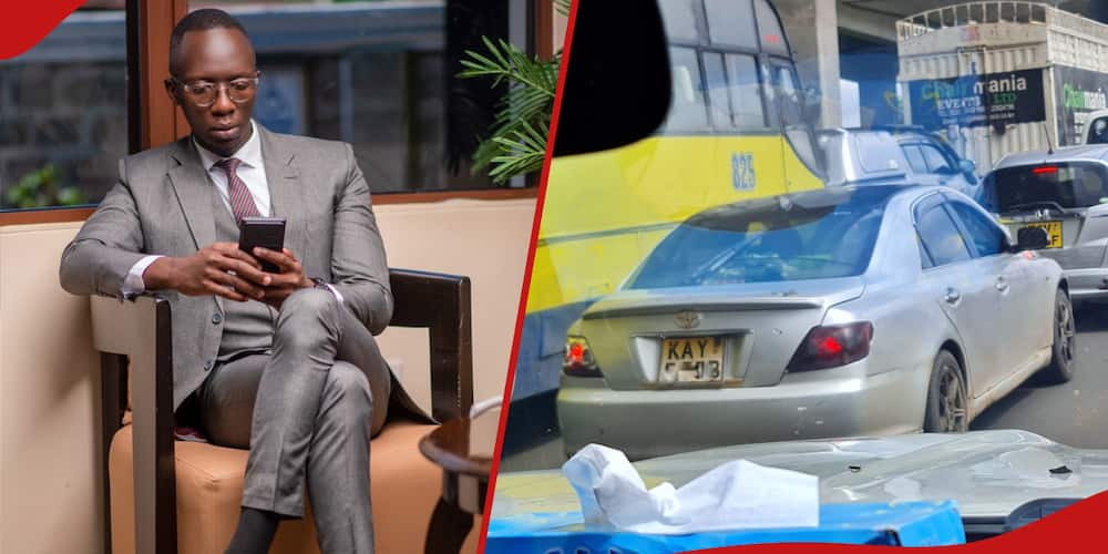 Left: Bray Okut in at his office.
Right: Okut's first car in traffic.