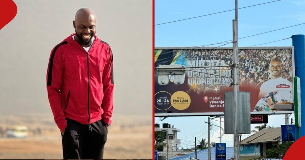 Larry Madowo spots Pastor Ezekiel's billboard in Tanzania.