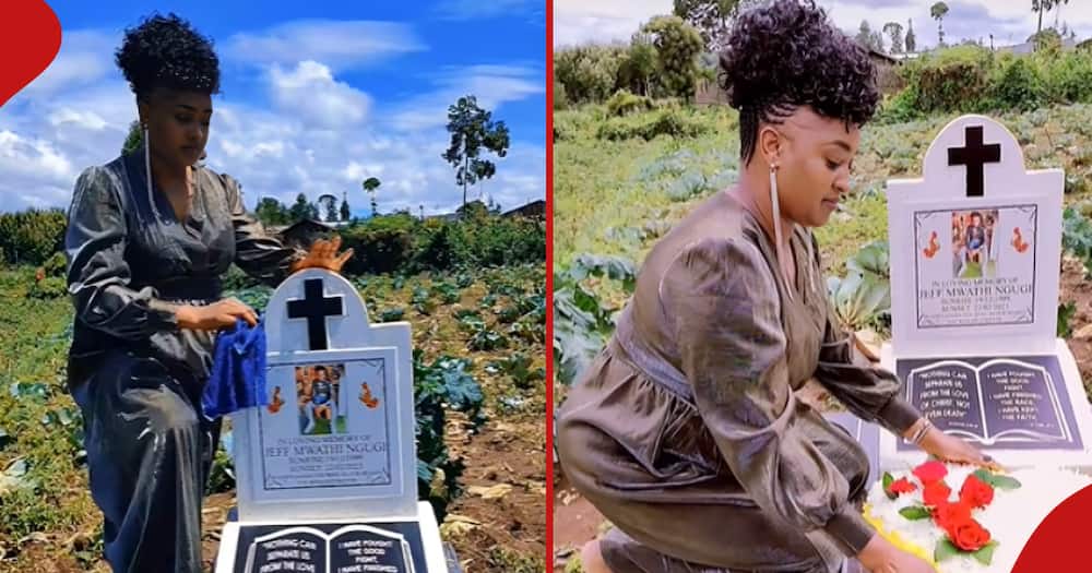 Anita Mwas at the grave of her late son, washing and laying a wreath.