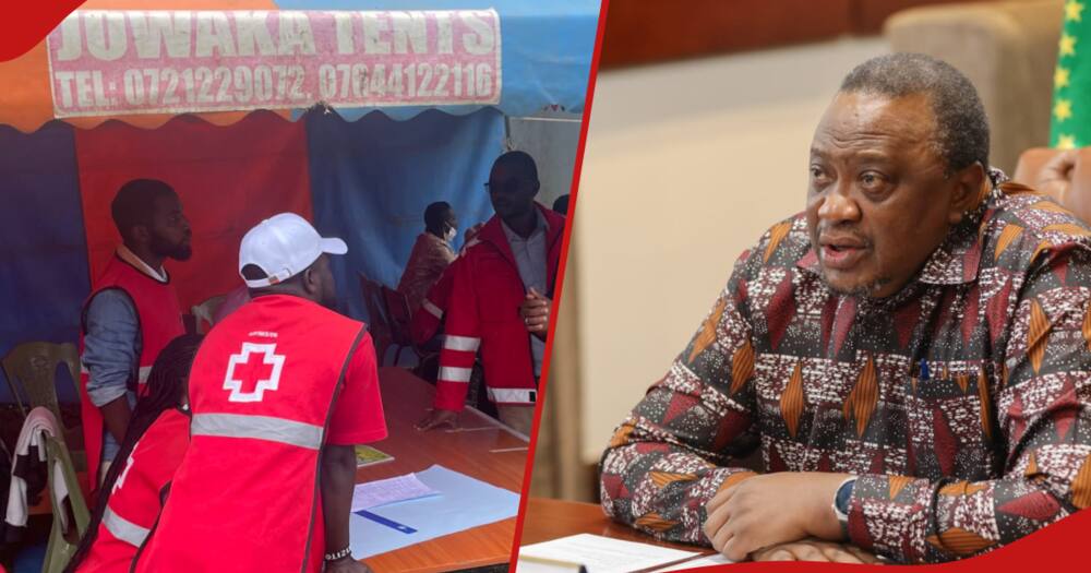 Former president Uhuru Kenyatta (r) and Kenya Red Cross tent in Naivasha.