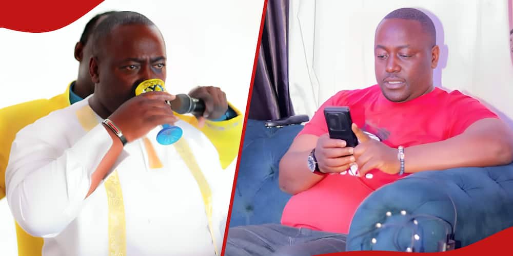 Pastor Kanyari (l) sipping a drink in church, the preacher (r) using his expensive phone.