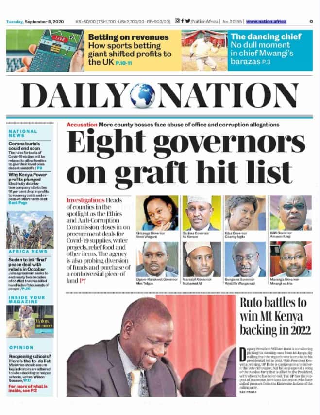 Kenyan newspapers review for September 8: William Ruto confident Uhuru will campaign for him come 2022