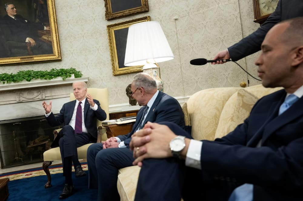 Biden was joined in the White House meeting by the top two Democratic lawmakers, Senate Majority Leader Chuck Schumer and House Minority Leader Hakeem Jeffries