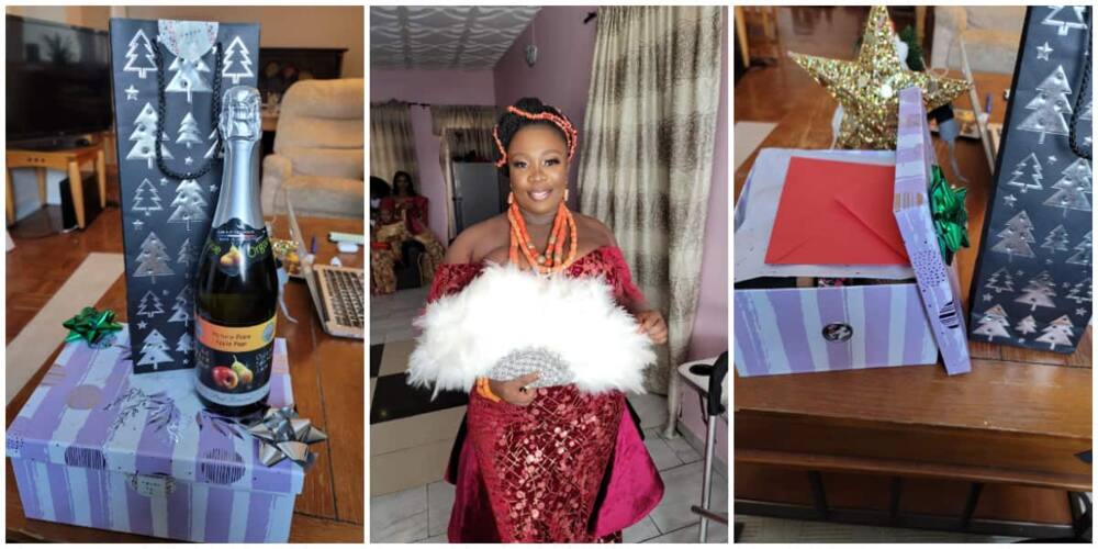 Lady knocks Nigerian churches as she shows off the gifts her church abroad gave her despite never paying offering.Photo Credit: Nkechi Bianze.