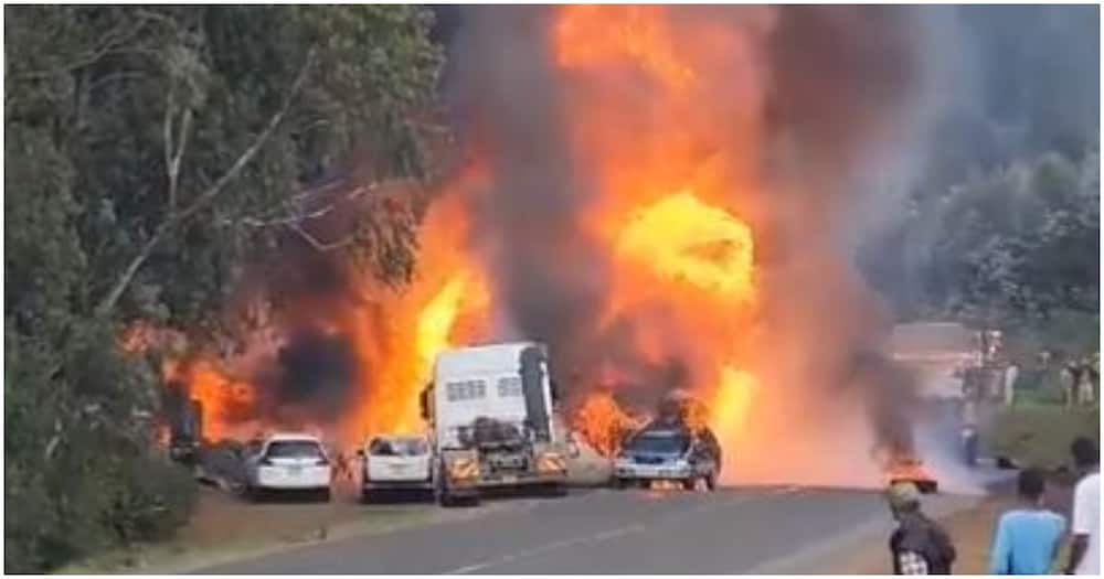 Scenes at the Mutarakwa area along the busy Mai Mahiu - Nairobi Highway where a trailer exploded. Photo: DCI.