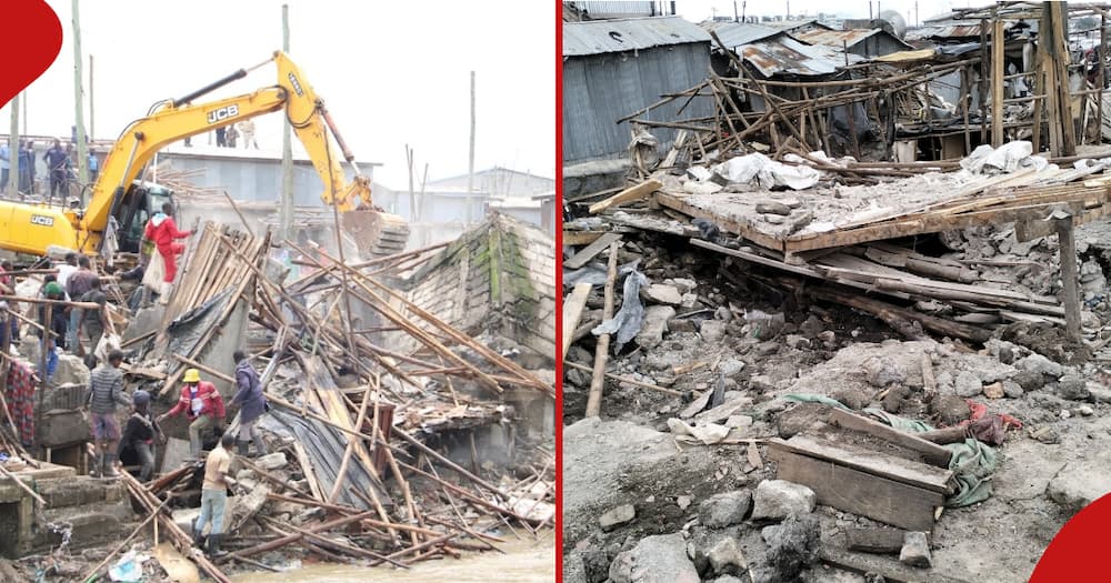 Collage of bulldozer demolishing houses in Mukuru Kwa Reuben.