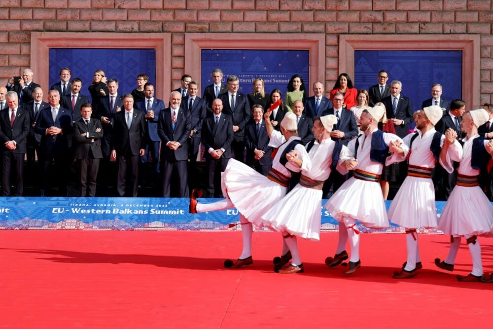 Traditional dancers at the EU-Balkans summit in Tirana