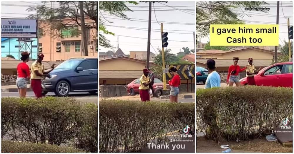 Reactions as young Nigerian lady asks traffic officer to be her Val, gifts him rose and cash