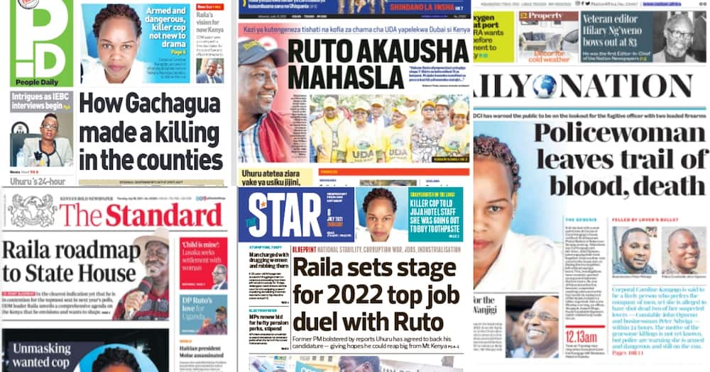 Kenyan newspapers for July 8. Photo: The Standard, Daily Nation, People Daily and Taifa Leo.