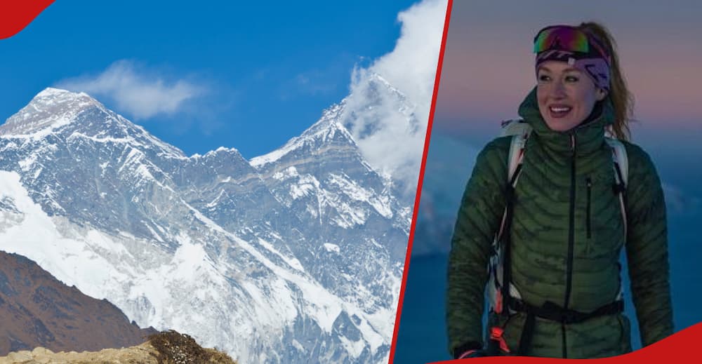 Mt. Everest and Lenka Polackova at the summit of Mt. Everest.