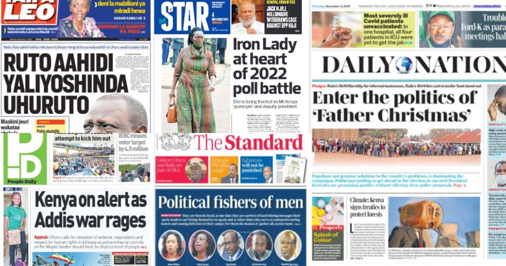 Kenyan newspapers. Photo: Screengrabs from The Standard, Daily Nation, The Star, People Daily and Taifa Leo.