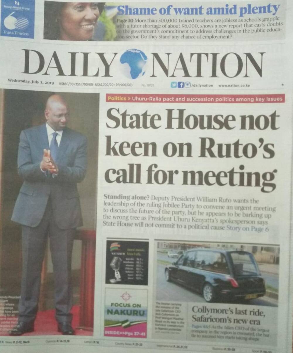 Magazeti ya Kenya Jumatano, Julai 3: Ombi la DP William Ruto lapuziliwa mbali na Rais Uhuru Kenyatta