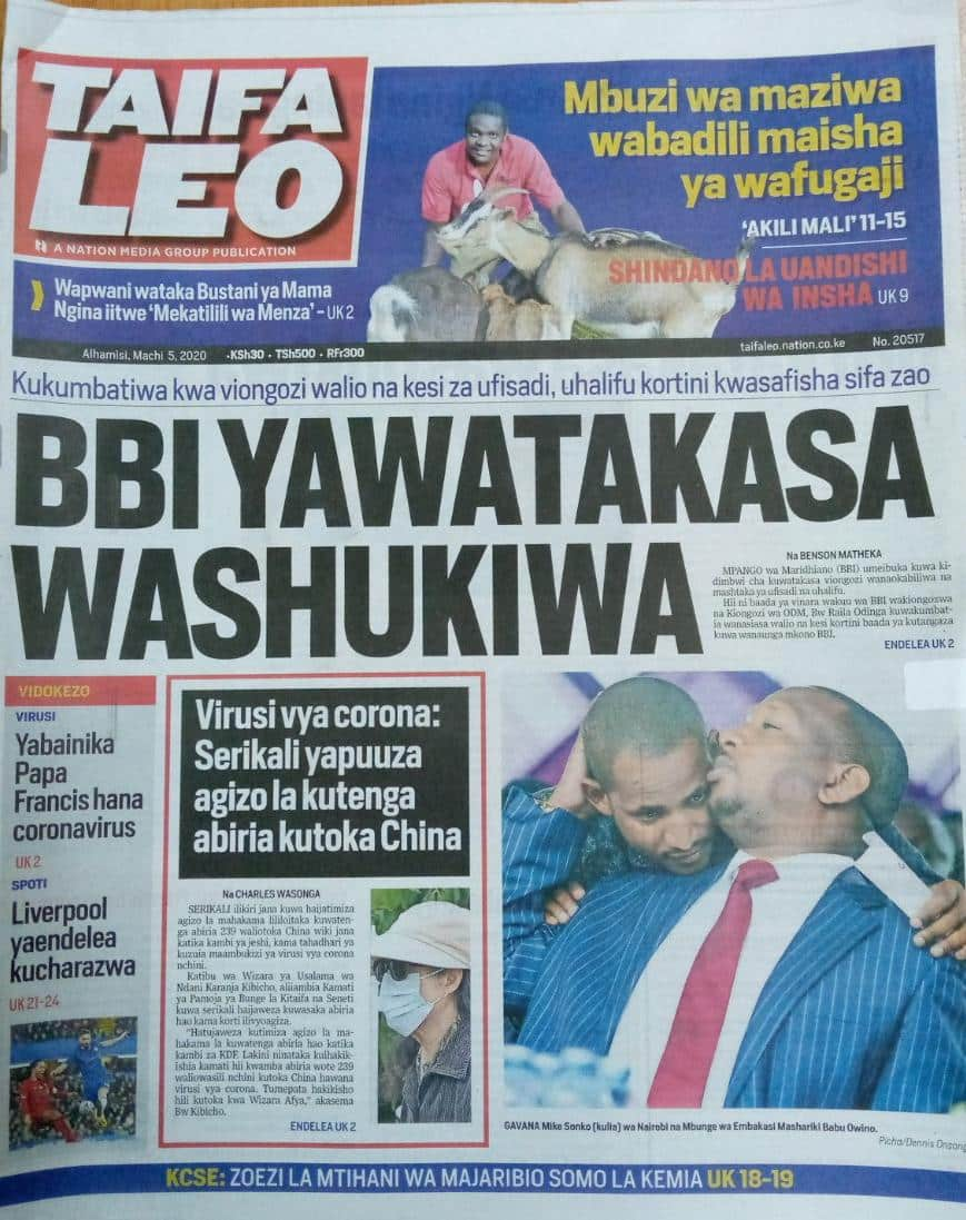 Kenyan newspapers review for March 5: Ruto allies want President Uhuru to attend Nakuru BBI rally, vow not to submit views to Raila