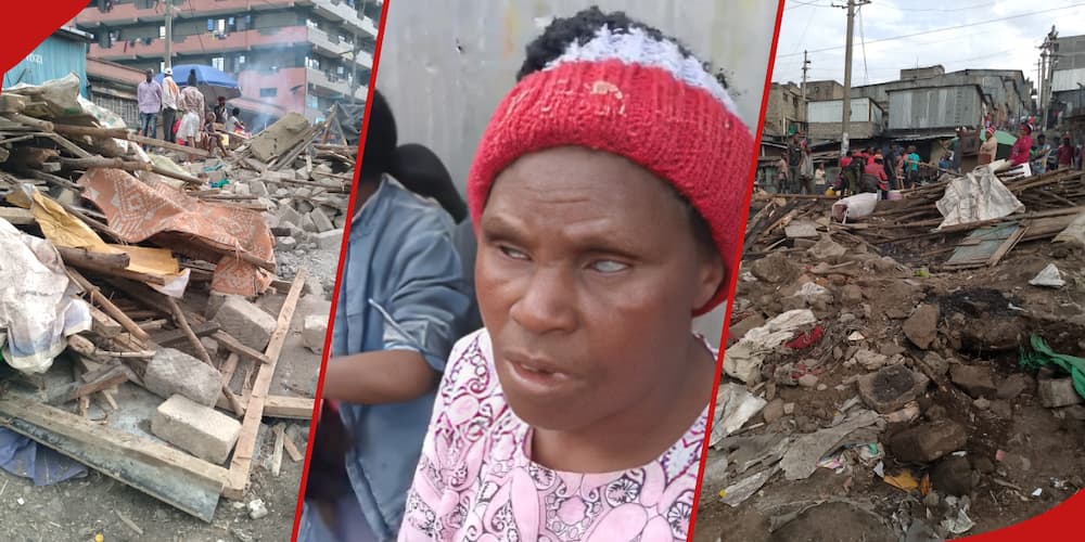 Collage of Agnes Wanjiku and the debris of her former house in Mathare.