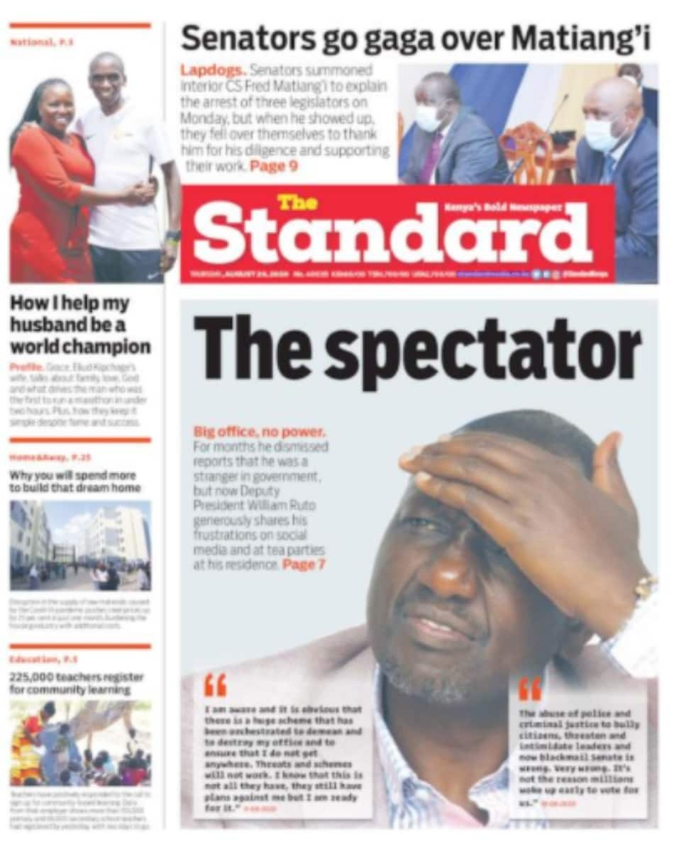 Kenyan newspapers review for August 20: Senate committee pampers Matiang'i with praise in private session