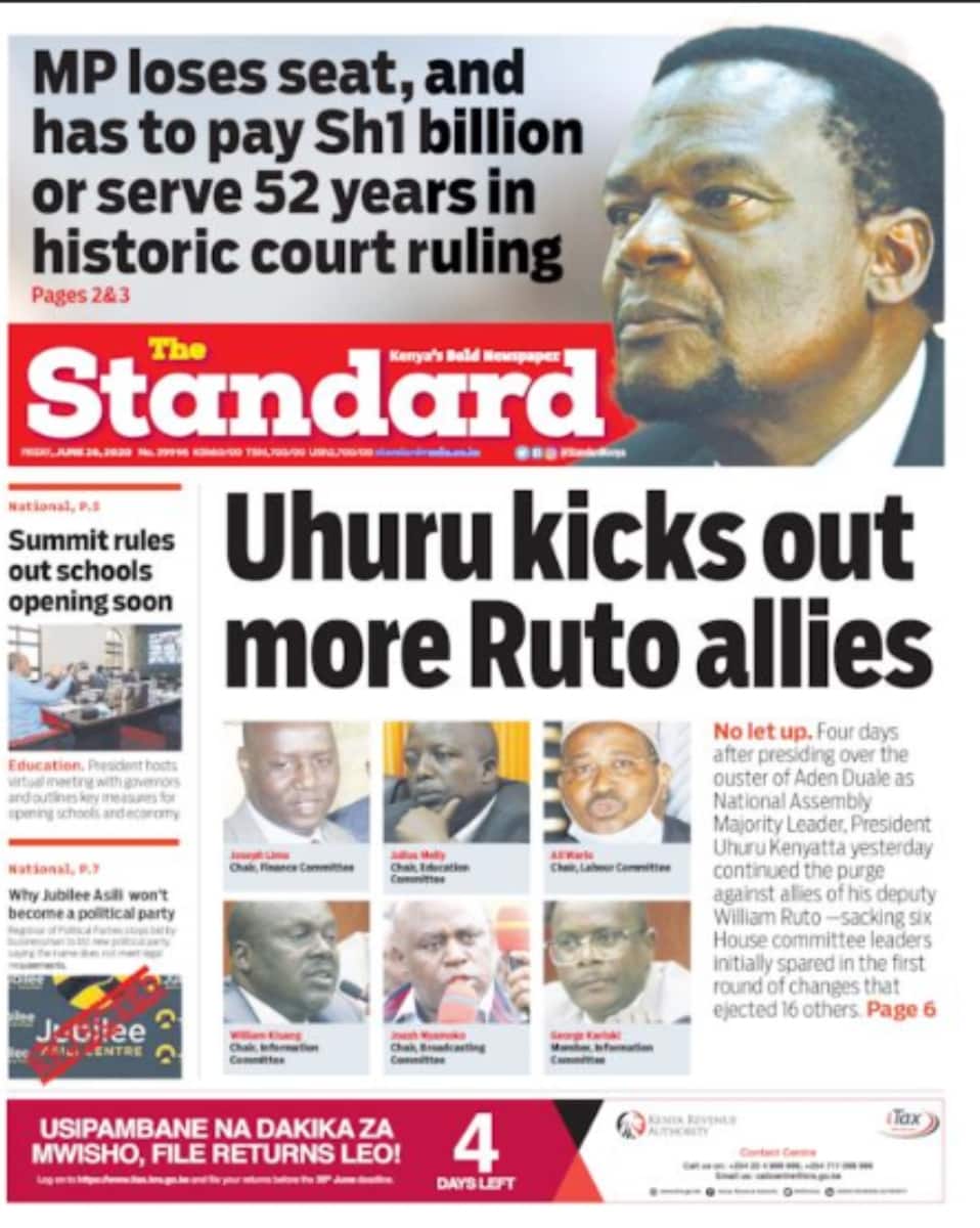 Kenyan newspapers review for June 26: Uhuru axes 6 more allies of William Ruto