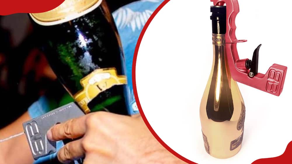 A person is using a Bubbly Blaster device and a Bubbly Blaster device is on a champagne bottle