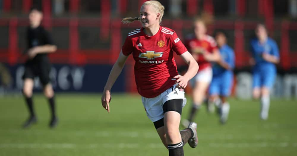 Karna Solskjaer of Manchester United Women U21's in action during the match between Manchester United Women U21's and Stockport County Ladies FC at Moss Lane on September 13, 2020 in Altrincham, England. (Photo by James Gill - Danehouse/Getty Images)