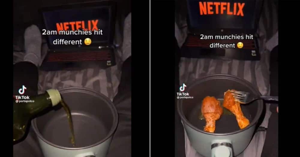 Man cooks in bed while on Netflix
