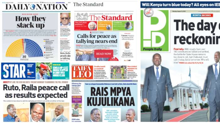 Kenyan Newspapers Review for August 15: Kenyans Anxiously Wait for Presidential Results as Ruto Leads In Tally
