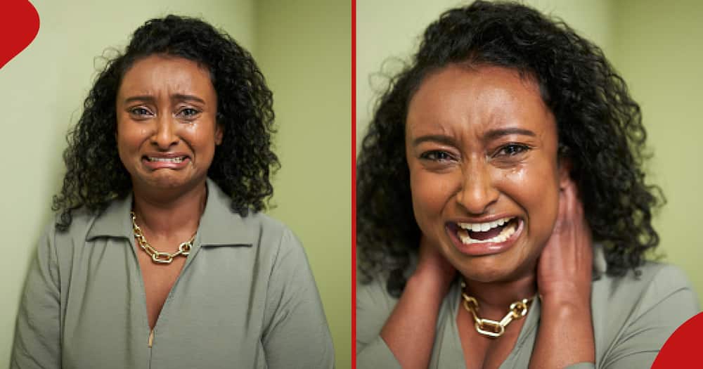 A woman pictured in both frames crying, showing her pain on her face.