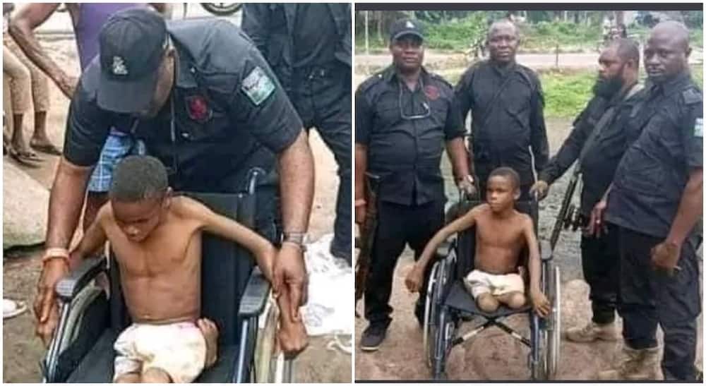 Photos of policemen giving free wheelchair to a crippled boy in Omerelu Rivers state.