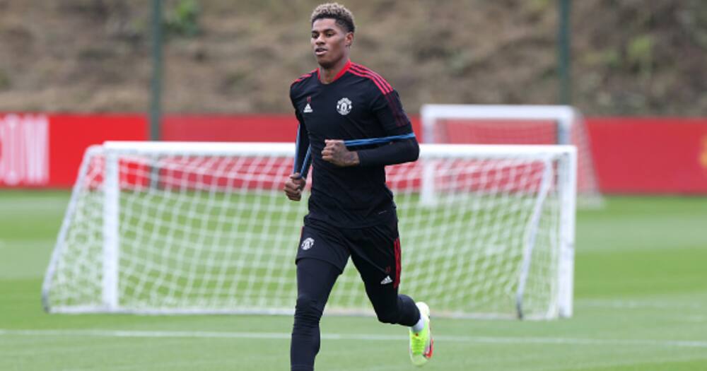 Marcus Rashford of Manchester United in action during a first team training session at Carrington Training Ground on August 25, 2021 in Manchester, England. (Photo by Matthew Peters/Manchester United via Getty Images)