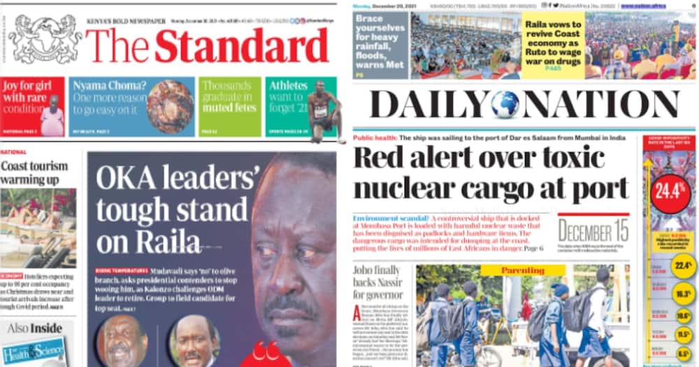Kenyan newspapers, December 20: Wiper leader Kalonzo Musyoka now wants ODM chief Raila Odinga to retire from national politics.