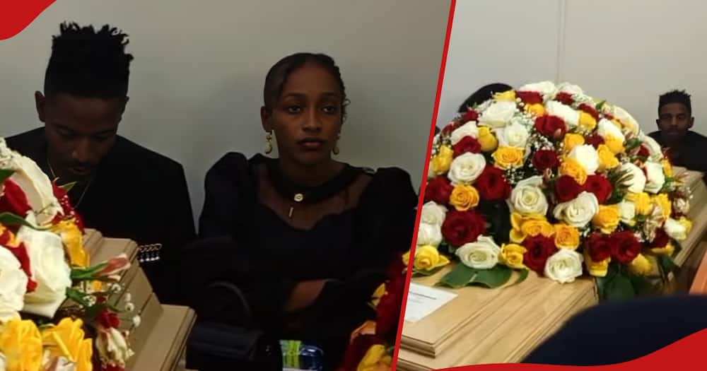 Eric Omondi (l) and his lover Lynn, Eric (r) sitting next to his brother Fred's casket during his memorial mass.
