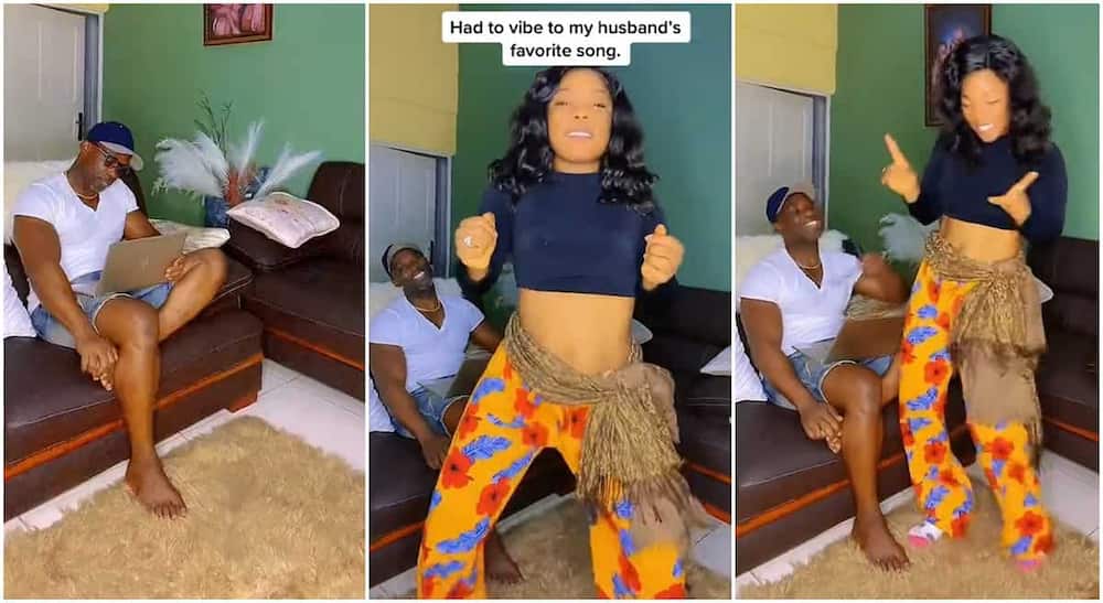 Photos of a woman dancing in the front of her husband. Photo: TikTok/@sosomechesson.