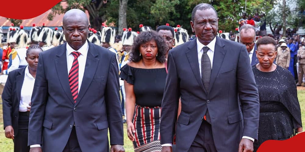 From left to right: DP Rigathi Gachagua (in red tie), Charlene Ruto (in stripped skirt), President William Ruto, and First Lady Rachel Ruto.