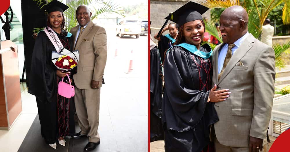 Governor Kahiga and his daughter Grace Wangechi poses for photos during graduation.