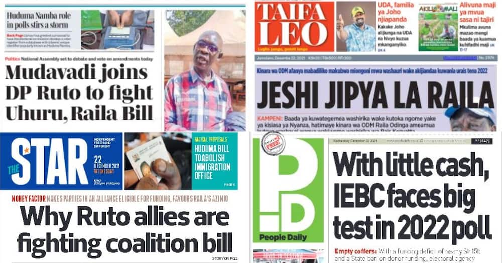 Kenyan Newspapers Review for December 22: Mudavadi, Ruto's Allies Team up To Fight ODM-Jubilee Coalition Bill