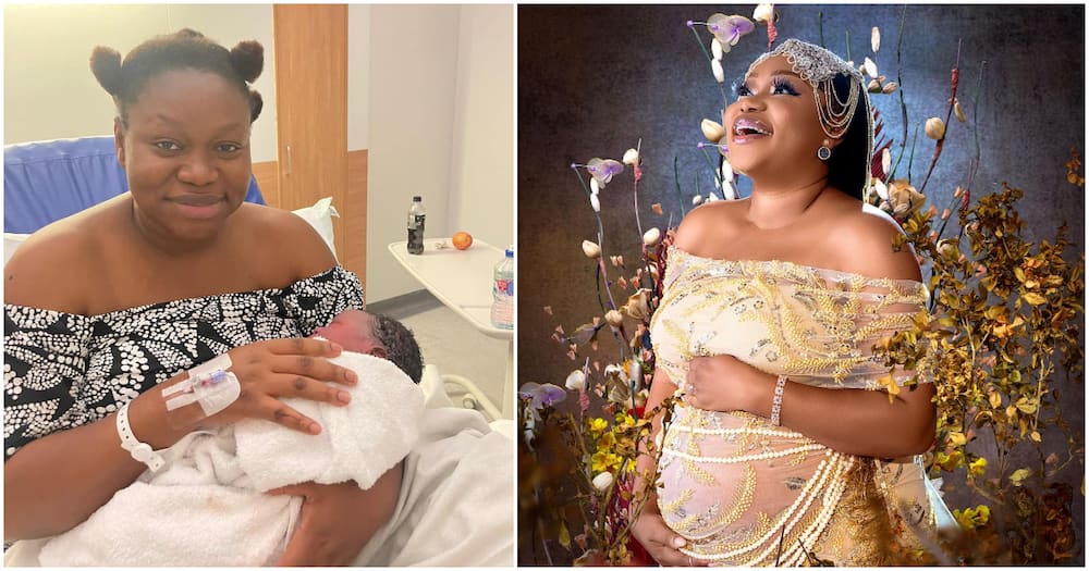 Ruth Kadiri holds her bundle of joy (l) and shares her baby bump photo (r).