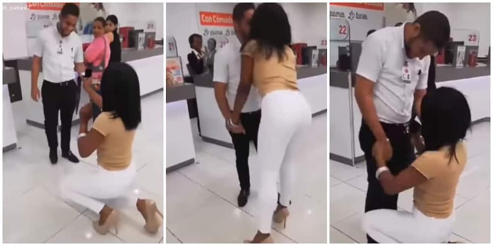 Moment lady stormed boyfriend's workplace to propose to him, his female colleagues were stunned in the video