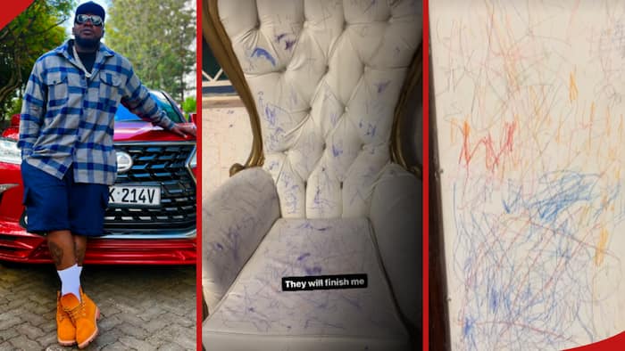 Khaligraph Jones Showcases Mess Made by His Children on His Chair, Walls: "They Will Finish Me"
