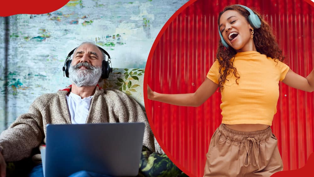 A man listening to music on a laptop (L), a lady happily dancing to music (R)
