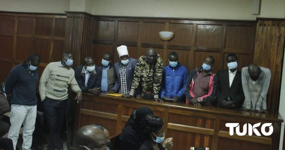 The nine suspects in court. Photo: TUKO.co.ke correspondent Zippora Weru.