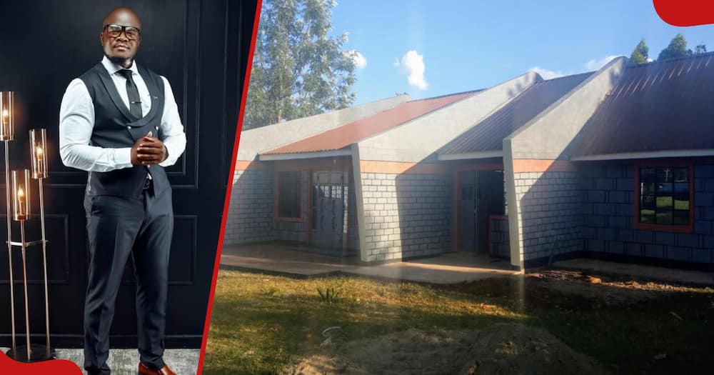 Henry Mukhwana who battled jiggers as a child and nect frame shows the house he built for his parents.