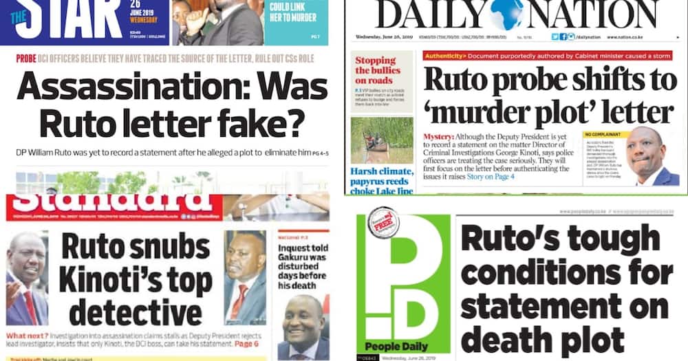Kenyan Newspapers Review for June 26: Ruto declines to record statement over assassination plot